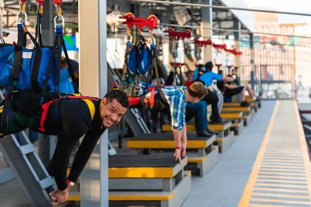 The launch platform with riders waiting in the harness