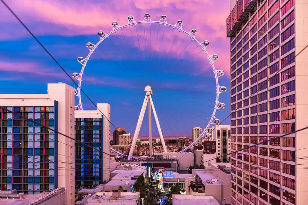 The wheel against a pink and blue sunset